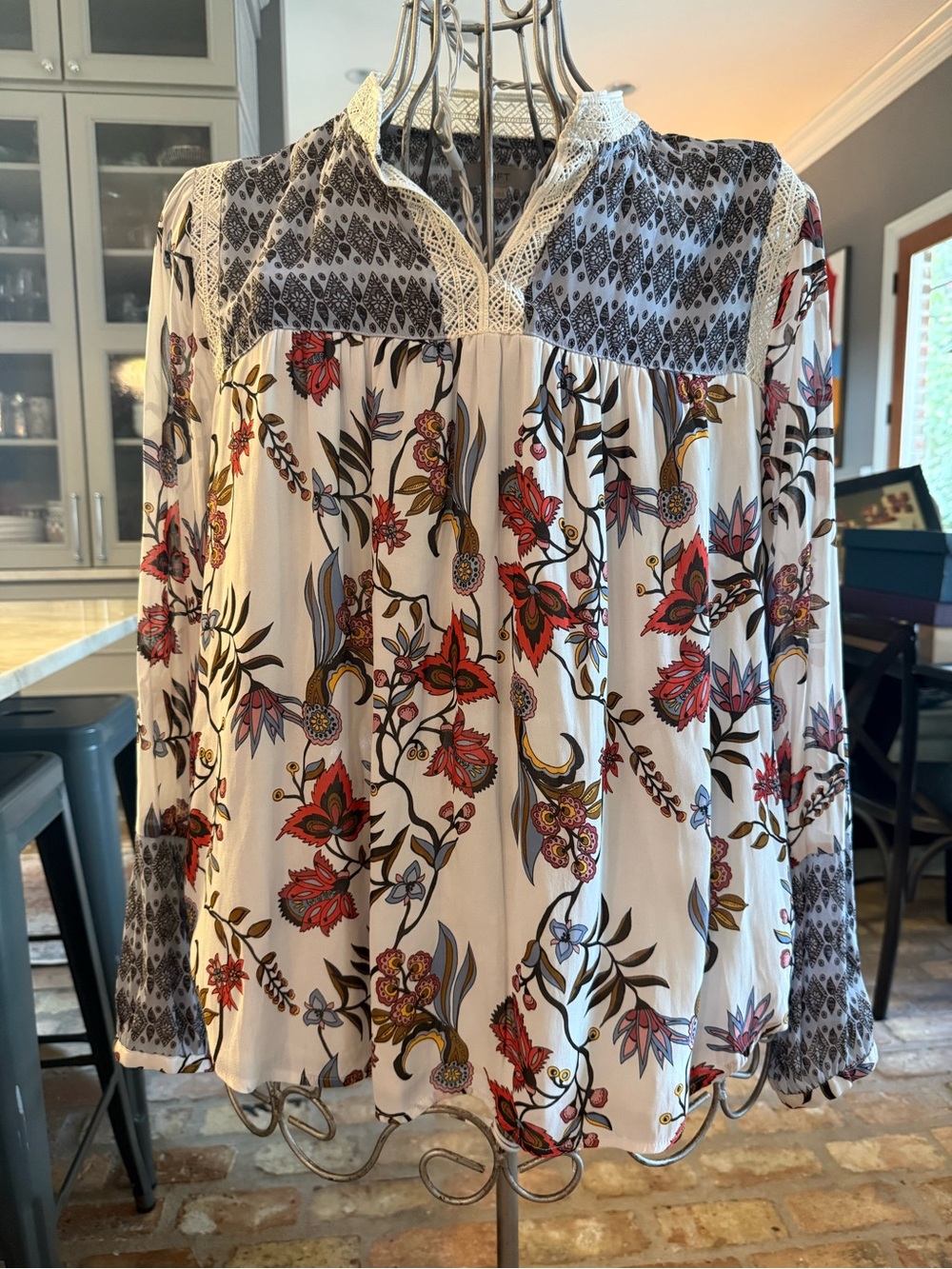 LOFT White Floral Boho floral blouse with Red & Olive Accents